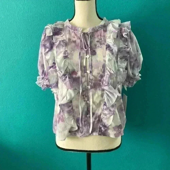 New with tags For Love and Lemons women's purple Zinnia floral ruffle blouse - Picture 3 of 5